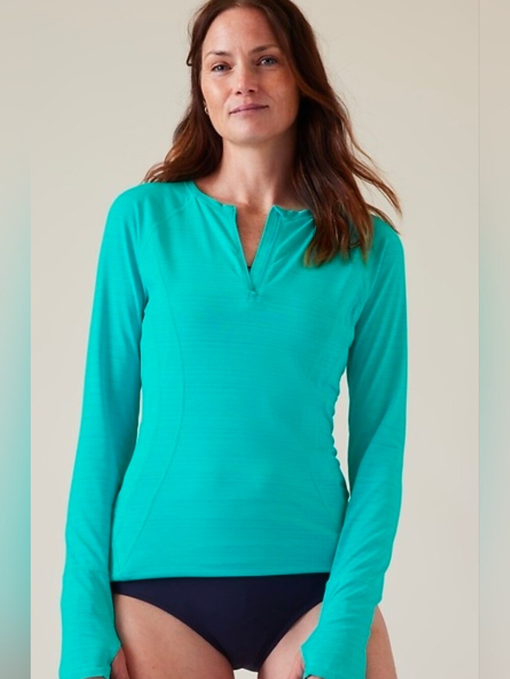 Long Sleeve Split-Neck Swim Top in Teal